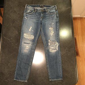 Silver Jeans Co. Destructed/ Patched Boyfriend Jeans, Size 28/ 26